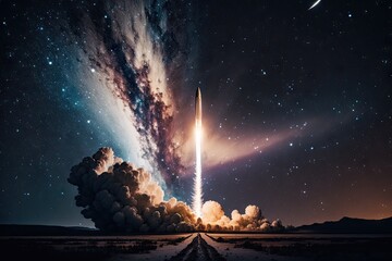 Wall Mural - rocket launch against starry night sky with milky way visible, created with generative ai