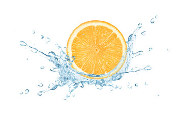 Poster - Orange fruit in water splash isolated on white background.