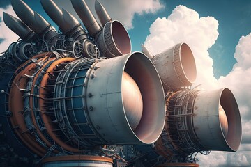 Wall Mural - close-up of rockets engines, with clouds in the background, created with generative ai