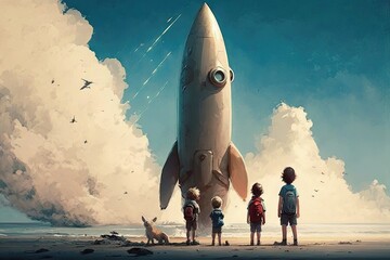 Wall Mural - people, looking up to see adorable rocket soaring into the sky, created with generative ai
