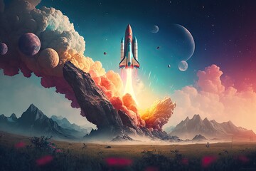 Wall Mural - rocket start, with the view of colorful and peaceful planet in the background, created with generati