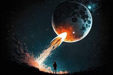 Wall Mural - person, launching rocket into space, with view of the moon and stars visible in the background, crea