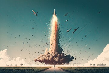 Wall Mural - rocket launch, with a flock of birds in the sky and on the ground, created with generative ai
