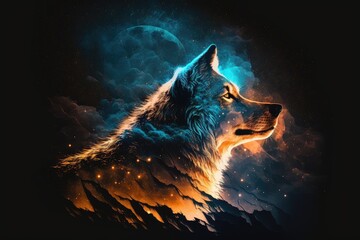 Wall Mural - double exposure of wolf howling at the moon, with night sky and stars visible, created with generative ai