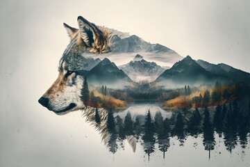 double exposure of wolf and scenery, with misty mountains in the background, created with generative