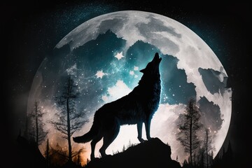 Wall Mural - double exposure of wolf howling at the moon, with full moon in the background, created with generative ai
