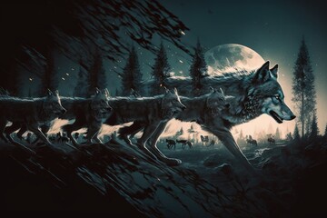 Wall Mural - double exposure of wolf running through forest and pack of wolves hunting in the night, created with generative ai