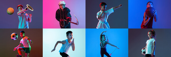 Wall Mural - Collage of different little sportsmen in action and motion doing different activities tennis, martial arts, gymnastics, hockey on multicolored background in neon. Banner for ad