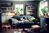 Fototapeta  - Messy dirty living room with sofa in chaos (Generative AI)