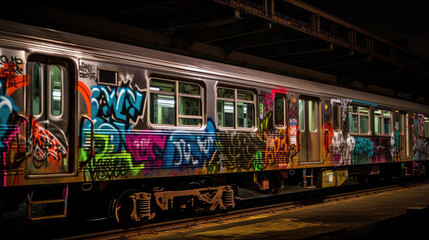 whole car graffiti on a new york city subway train (generative ai)