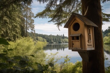 Poster - birdhouse with view of peaceful lake, surrounded by tall trees, created with generative ai