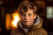 Close-up portrait photography of a glad mature boy wearing a lightweight windbreaker against a cozy fireplace background. With generative AI technology