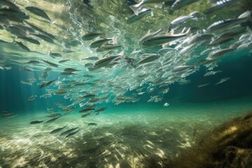 Wall Mural - school of fish swimming in crystal-clear freshwater, created with generative ai