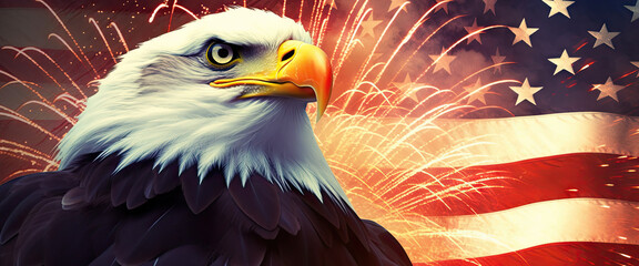 4th of July poster with USA flag and eagle with copy space - Generative AI