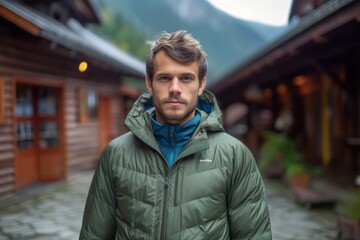 Environmental portrait photography of a glad boy in his 30s wearing a lightweight windbreaker against a mountain cabin background. With generative AI technology