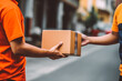 © VisualProduction - Delivery man delivering a parcel box to customer. Postman holding a brown cardboard box package. Generative AI