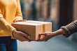 © VisualProduction - Delivery man delivering a parcel box to customer. Postman holding a brown cardboard box package. Generative AI