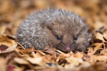 Wall Mural - baby hedgehog rolling in pile of autumn leaves, curling up for nap, created with generative ai