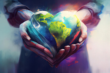 earth conservation concept. human hand heart protect the earth nature blur background. generative ai