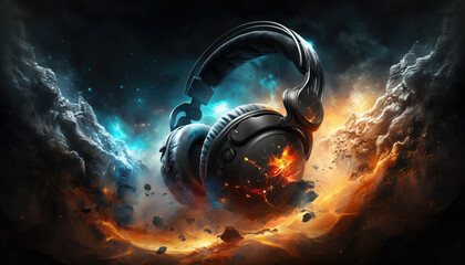 Wall Mural - epic headphones in space, headset with a lot of scifi clouds, generative ai technology