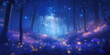 © ChaoticDesignStudio - Moonlit blue forest filled with mystical lights, landscape panorama with dreamlike fantasy atmosphere