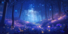 Moonlit Blue Forest Filled With Mystical Lights, Landscape Panorama With Dreamlike Fantasy Atmosphere