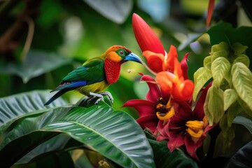 Wall Mural - exotic bird perched on tropical flower, with lush greenery in the background, created with generative ai