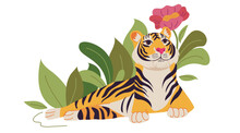Tiger Tropical Exotic Animals, Tiger, Leaves. Wild Cats Set Wild Animals In Jungle, Rainforest. Jaguar Into Jungle Concept. Cute Wild Tiger Into Tropical Leaves Graphic Element. Vector Illustration.