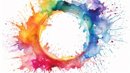 Poster - Abstract colorful rainbow color painting illustration - Circular circle frame made of watercolor splashes, isolated on white background (Generative Ai)