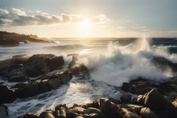 Wall Mural - waves crashing against rocky coastline, with sunlit sky in the background, created with generative ai