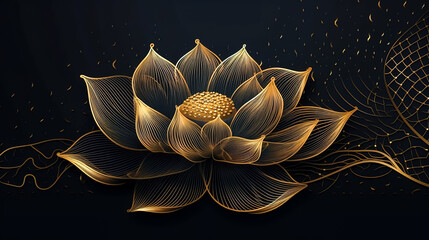 Lotus flower painted in gold on a black background, generative AI.