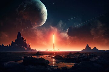 Wall Mural - rocket launches from different angles, showing the details of the launch pad and surrounding area, c