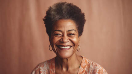 A happy afro senior woman in neutral clothes smiles in a beige studio. Generative AI