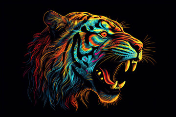  Tiger. Abstract, multicolored, neon portrait of a snarling tiger in the style of pop art on a black background. Generative AI illustration
