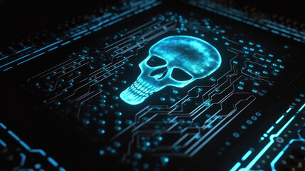 Futuristic of holographic skull and bone on microprocessor electronic circuit board