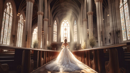 Wall Mural - In a grand church, a glowing bride enters. Her wedding dress glistens, reflecting the ornate surroundings. Generative AI