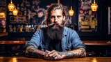 Fototapeta  - In a cozy corner of an indie brewery, a hipster male with trendy tattoos a stylishly groomed beard, and artfully tousled hair savors the rich flavor of his craft beer at the bar counter. Generative AI