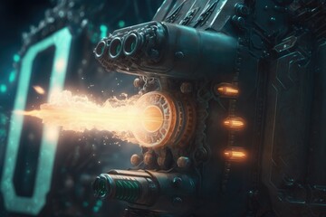 Wall Mural - close-up of alien blaster, with the details visible, as it fires at group of startled humans, create
