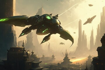 Wall Mural - alien blaster flies over the cityscape, with buildings and vehicles visible in the background, creat
