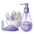 Bowl and pestle with sea salt. Dispenser, roll-on bottle lavender essential oil. Aromatherapy, bath. Hand draw watercolor illustration isolated on white. For beauty industry, spa, cosmetology, logo