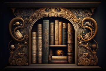 Wall Mural - bookshelf lined with antique books and scrolls, created with generative ai