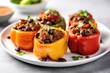 Vegan Stuffed Bell Peppers With Quinoa And Black Beans On White Round Plate. Generative AI