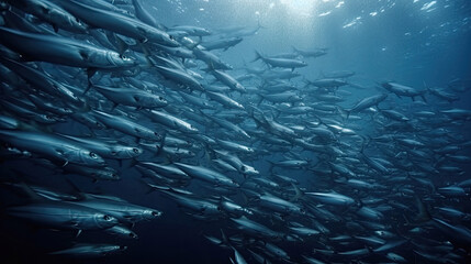 A massive school of huge barracuda circle the dive in ocean