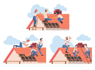 Wall Mural - Roof Repair with People Construction Workers Characters Working Vector Set