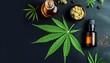Medical CBD oil on black trendy background with cannabis leaves. The concept of medical tincture of marijuana