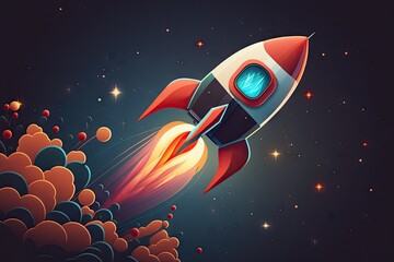 Wall Mural - cartoon rocket, with red and blue flames bursting from the bottom, flying across starry sky, created