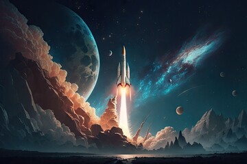 Wall Mural - rocket launch with view of the stars and planets in the night sky, created with generative ai