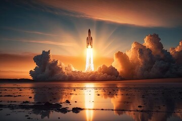 Wall Mural - rocket launch, with the sun setting behind it, created with generative ai