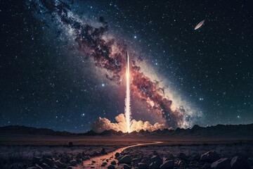 Wall Mural - rocket launch against starry night sky with milky way visible, created with generative ai