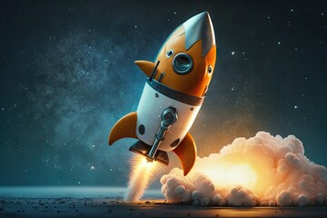 Wall Mural - cute rocket taking off from launch pad, with view of starry sky visible in the background, created w